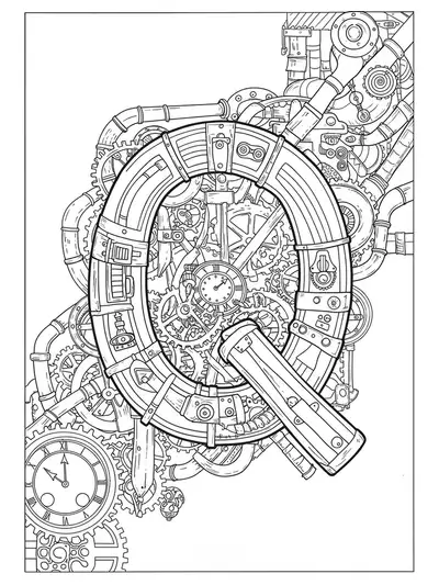 A highly intricate letter Q decorated with steampunk gears, pipes, and Victorian patterns for adult coloring.