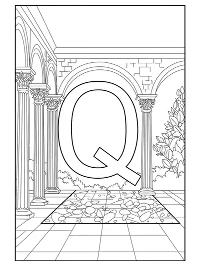 Architecture-themed letter Q coloring page for adults, with large arches and columns decorating the letter.