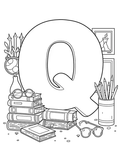 The letter Q encircled by detailed illustrations of books, reading glasses, and literary symbols