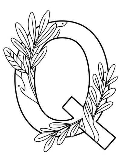 Botanical leaf-themed letter Q coloring page for adults, featuring large and simple leaf shapes.