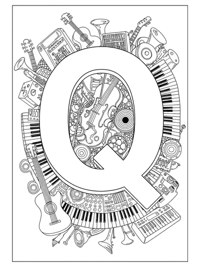 A large letter Q encircled by detailed outlines of various musical instruments