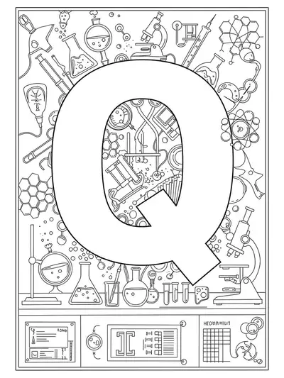 A large letter Q surrounded by detailed illustrations of lab equipment like beakers, microscopes, and test tubes