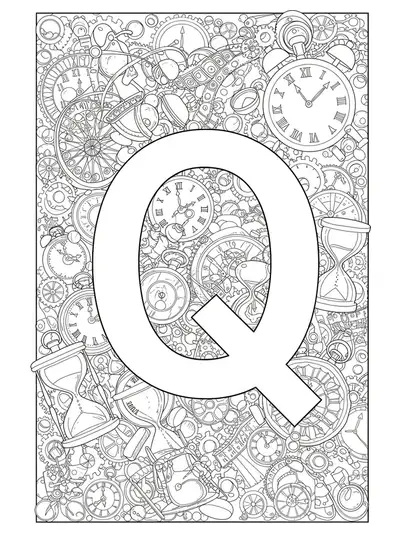 A large letter Q surrounded by outlines of clocks, timepieces, hourglasses, and gears