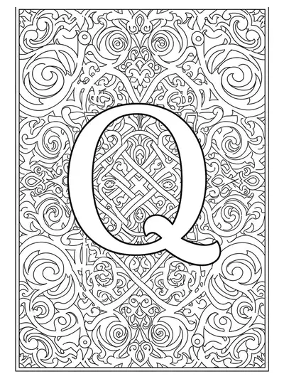 A highly detailed letter Q set within ornate Arabesque mosaic tiles and swirling patterns for adult coloring.