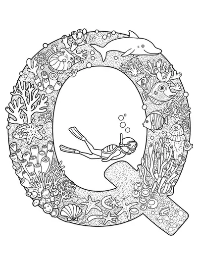 Intricate undersea scene with the letter Q, sea creatures, corals, shells, and quokka divers.