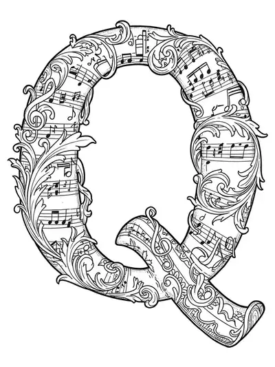 An ornate letter Q embellished with intricate vintage sheet music, musical notes, and decorative flourishes for adult coloring.
