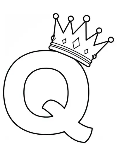 Simple letter Q next to an easy-to-color queen's crown, designed for young children.