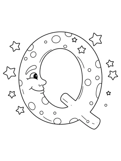 Big letter Q with a happy crescent moon and a few stars, all easy to color.