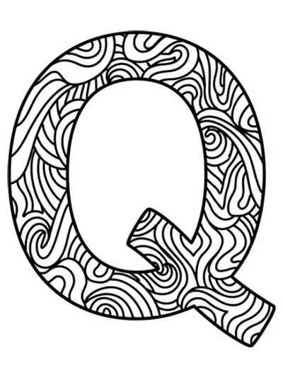 Abstract wave-themed letter Q coloring page for adults, with simple flowing wave lines around the letter.