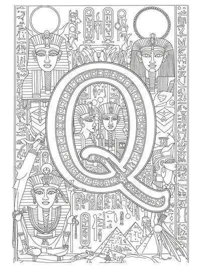 Intricate ancient Egyptian motifs, hieroglyphics, and symbols frame the letter Q for teens.