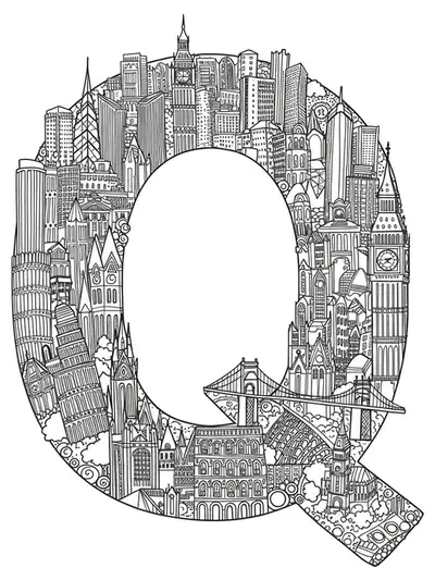 Intricate cityscape with architectural landmarks intertwined with the letter Q, designed for teens.