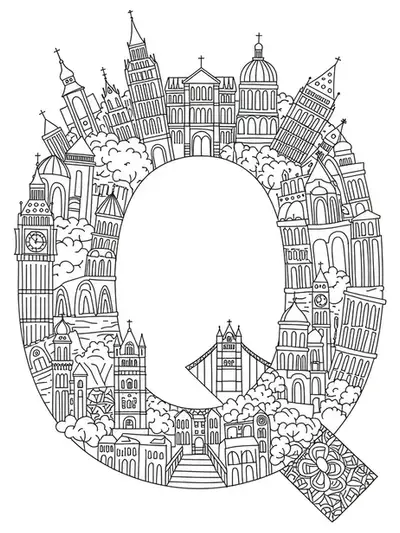 The letter Q interwoven with outlines of famous architectural buildings and structures