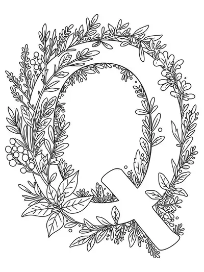 A large letter Q entwined with detailed drawings of herbs, leaves, and botanical elements
