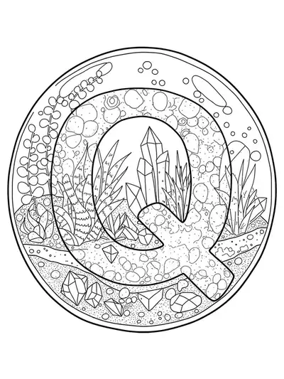 A botanical terrarium filled with plants and crystals surrounding the letter Q, designed for teens.