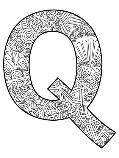 A stylized letter Q decorated with geometric Art Deco patterns and lines