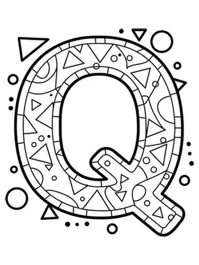 Geometric-patterned letter Q coloring page for adults, with simple shapes around the letter.
