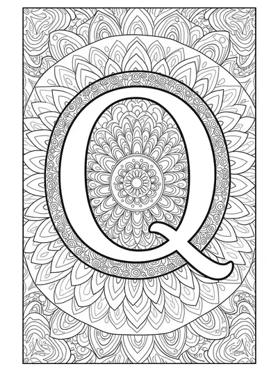 Easy mandala-themed letter Q coloring page for adults, featuring simple mandala patterns around the letter.
