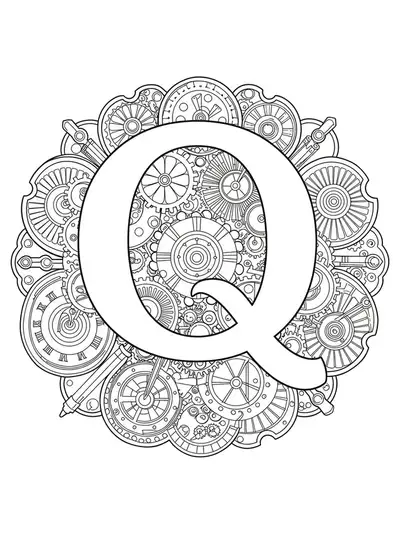 A complex mechanical mandala with gears and cogs surrounding the letter Q, tailored for teens.