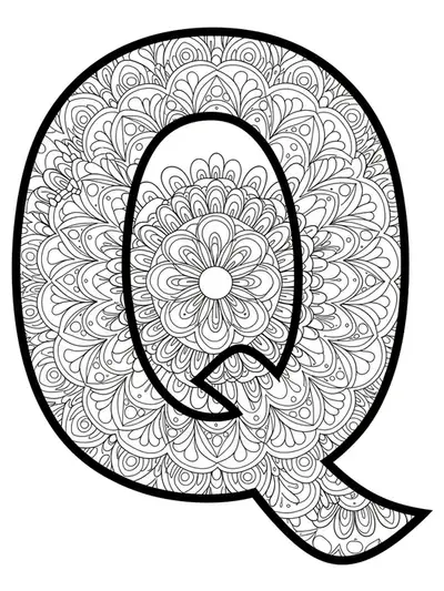Mandala designs filling and surrounding a large letter Q, with detailed repeating patterns for coloring