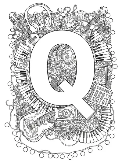 Music festival themed letter Q with instruments, headphones, lights, and boho patterns for teens.