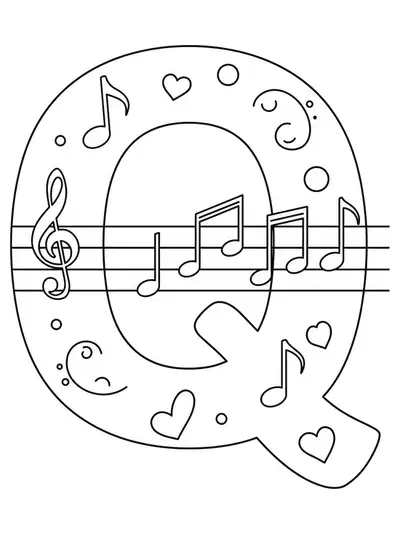 Music-themed letter Q coloring page for adults, with large music notes around the letter.