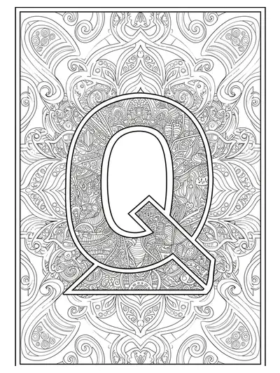 Complex optical illusion and geometric patterns surrounding the letter Q, for teen coloring.