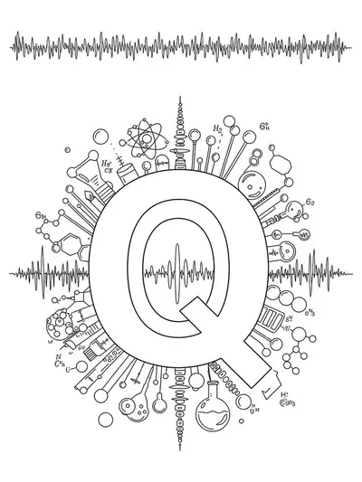 Line art coloring page of the letter Q surrounded by quantum physics symbols and atomic models, medium detail, for teens.
