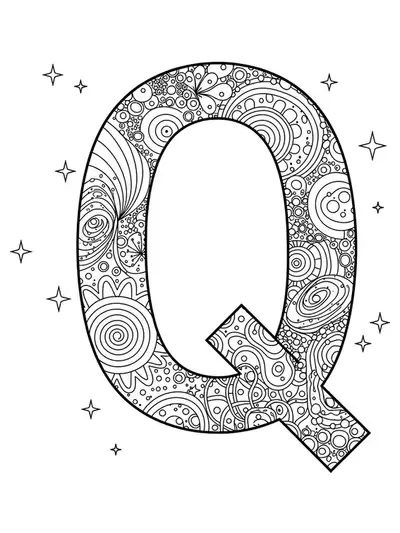 Line art coloring page of the letter Q surrounded by quasar, galaxy, and abstract space elements, medium detail for teens.