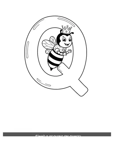 Large letter Q with a simple queen bee wearing a crown, both easy outlines.