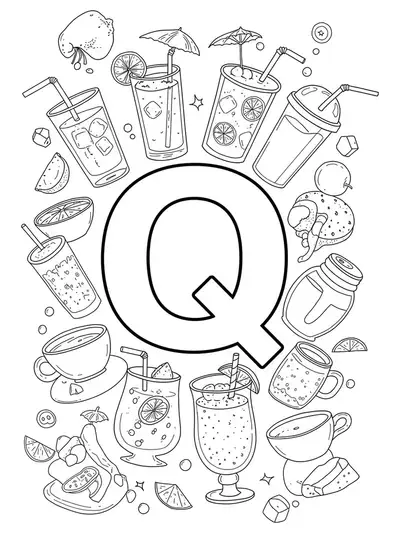 Line art coloring page of the letter Q with various beverage and drink illustrations, medium detail for teens.