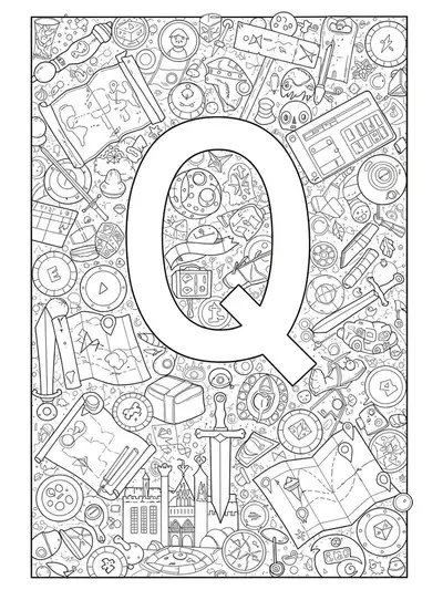 Black and white coloring page of the letter Q surrounded by board game pieces, maps, and dice, medium detail for teens.