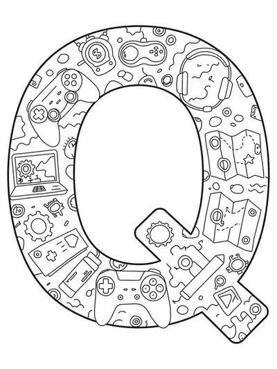 Coloring page with letter Q and video game icons like controller, headset, and map.