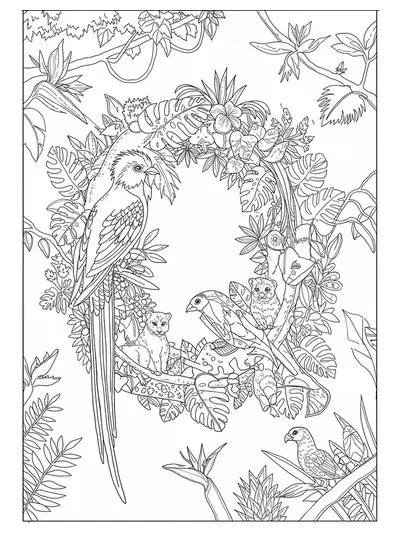 Intricate coloring page of the letter Q with quetzal birds, rainforest leaves, and hidden animals.
