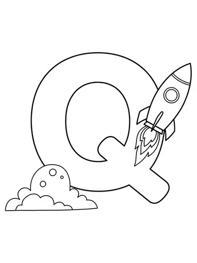 Large letter Q with a simple, cartoon rocket flying beside it, both with big outlines.