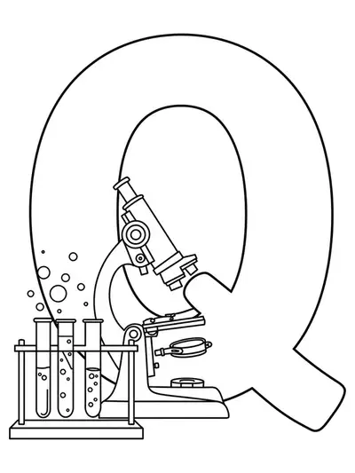 Coloring page with letter Q and science lab items like test tubes and microscope.