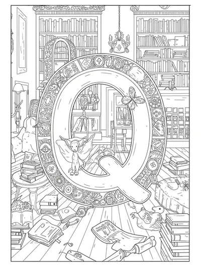 Line art coloring page of the letter Q with books, bookshelves, and library-themed elements, medium detail for teens.