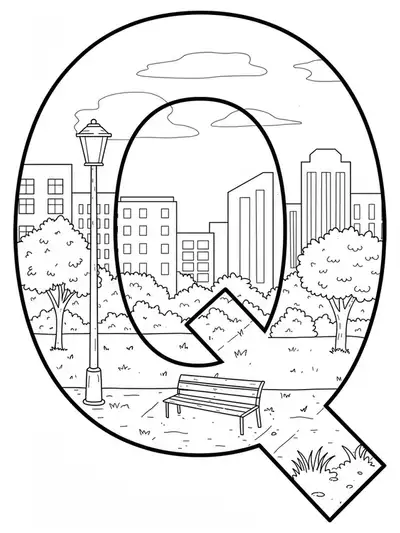Coloring page with letter Q and a simple urban street scene including buildings and park bench.