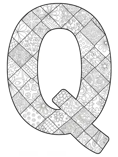 The letter Q decorated with various quilt patchwork patterns and textile motifs