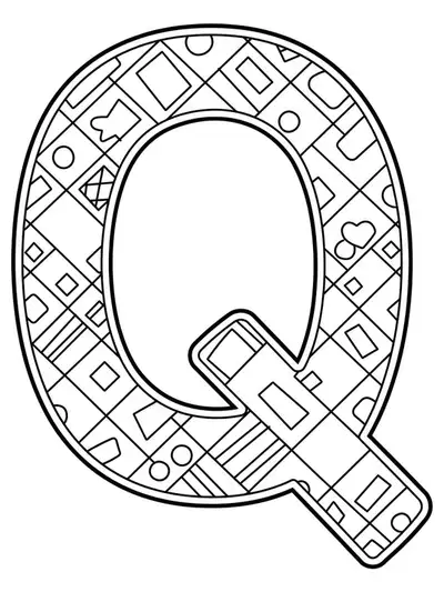 Large letter Q with a basic quilt pattern inside and around it, easy shapes and outlines.
