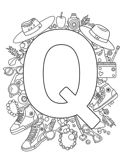 Black and white coloring page of the letter Q embellished with various quirky fashion accessories, medium detail for teens.