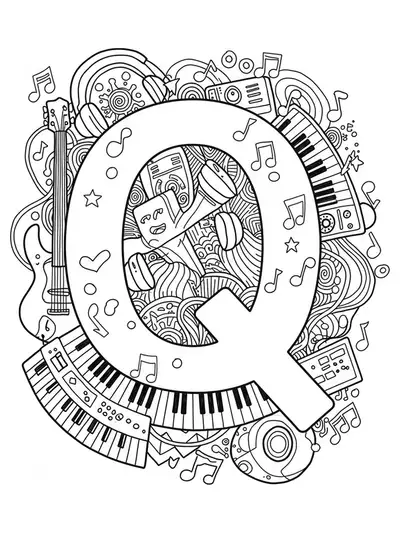 Black and white coloring page of the letter Q surrounded by various musical instruments and music notes, medium detail for teens.