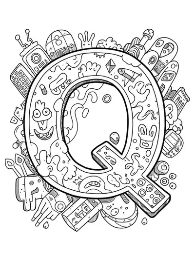 Black and white coloring page of the letter Q with graffiti doodles and street art elements, medium detail for teens.