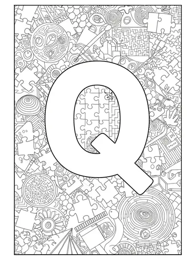 Black and white coloring page of the letter Q surrounded by puzzle pieces and maze patterns, medium detail for teens.