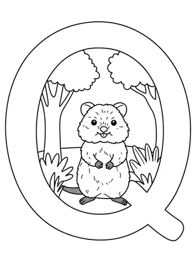 Outline of letter Q and a quokka with forest plants for coloring