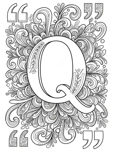 Line art coloring page of the letter Q with typography flourishes and quotation marks, medium detail for teens.