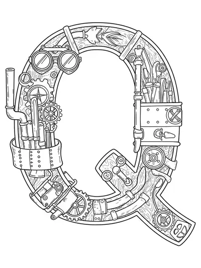 A detailed steampunk-themed letter Q with gears, pipes, and Victorian steampunk accessories for teens.