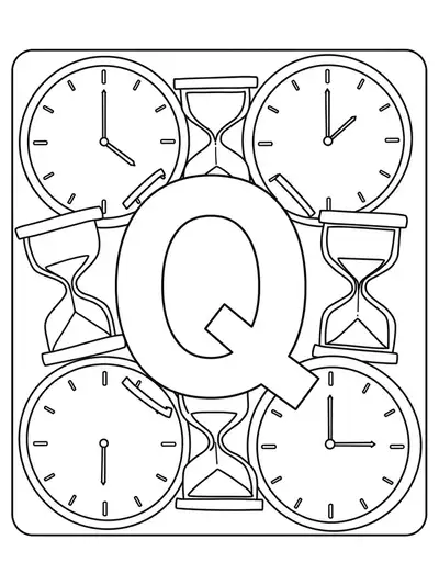 Timepiece-themed letter Q coloring page for adults, featuring simple clock and hourglass shapes.
