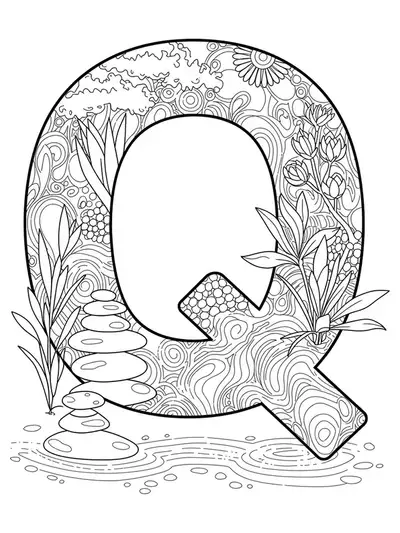 The letter Q with Zen garden elements like raked sand, stones, and simple plants