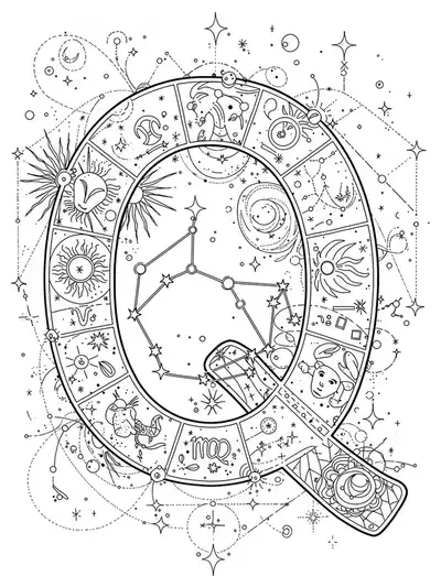 The letter Q surrounded by intricate zodiac constellation patterns and cosmic details for teens.