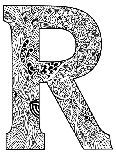 Letter R covered in complex abstract tribal tattoo motifs with interwoven lines and shapes for adult coloring.